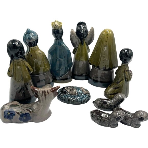 Vtg 11 Pc Artisan Painted Mexican Folk Art Clay Pottery Christmas Nativity Set - Picture 2 of 16